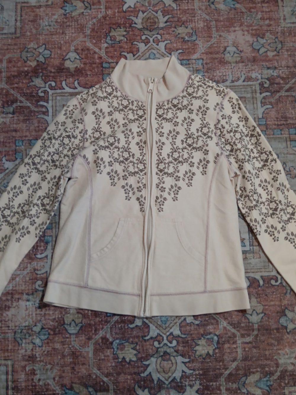 Y2K Chadwicks Cream Zip-Front Floral Jean Jacket (M)